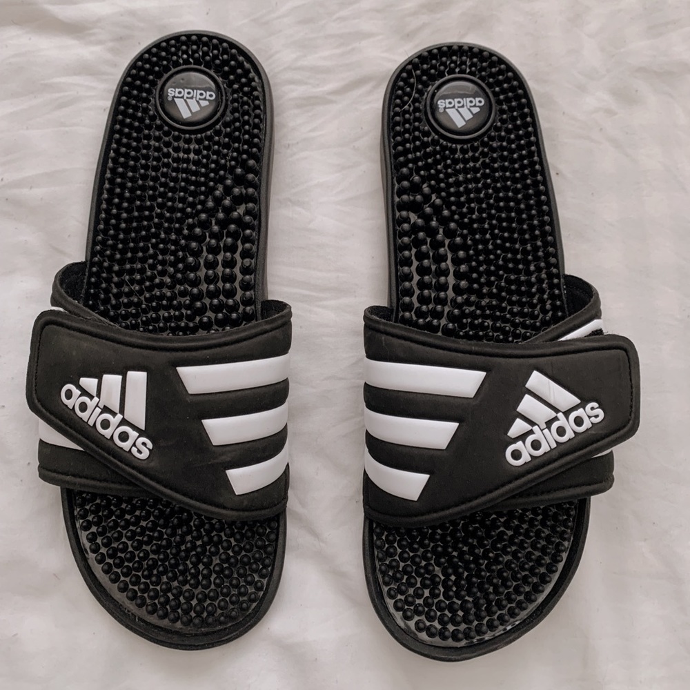 Black adidas slides, size 9, gently worn!